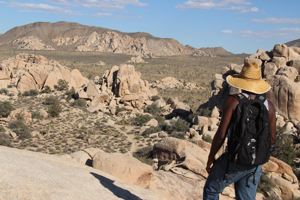 hiker looking out over desert landscape