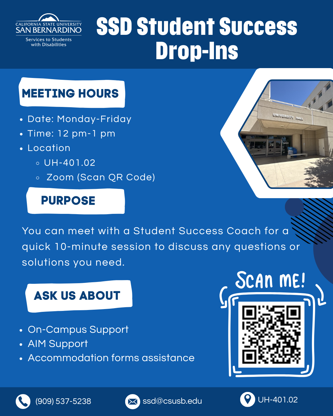 SSD Student Success Drop-in's Monday - Friday 12PM - 1PM