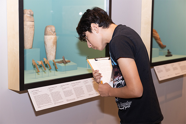 A boy examines an art exhibit.