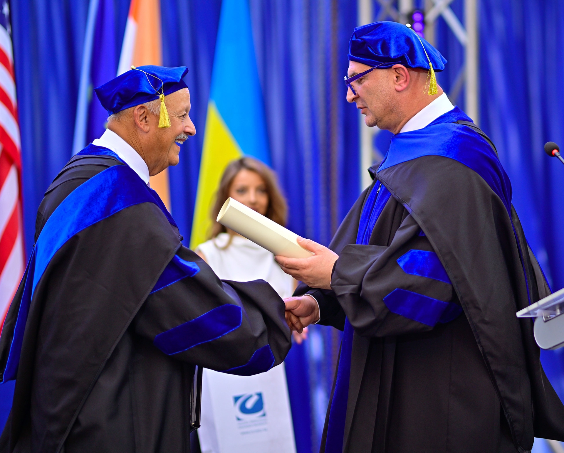 Tomás D. Morales (left) and Kakha Shengelia, president of Caucasus University in Tbilisi, Georgia.