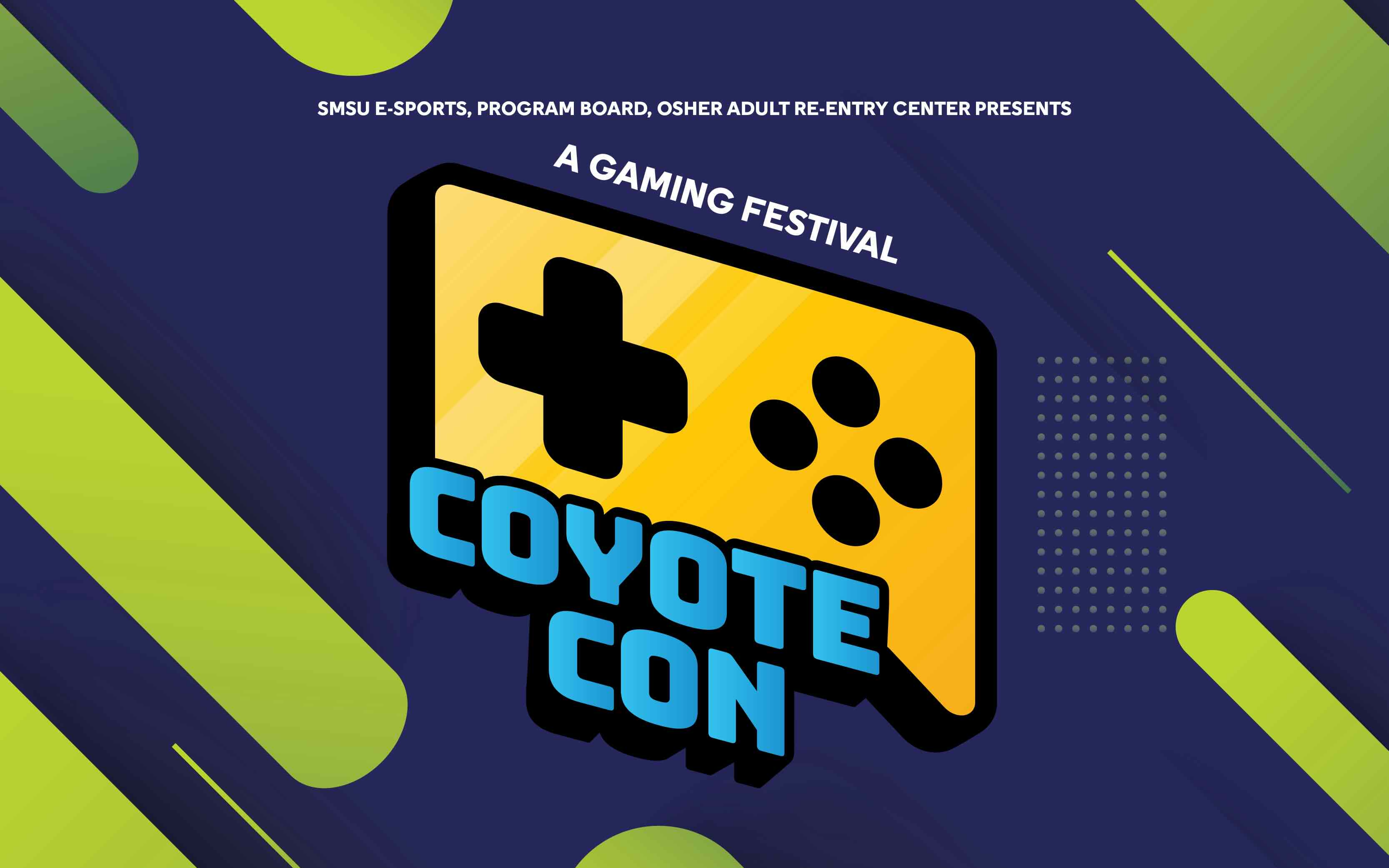 The flyer features a bold and modern design with a dark blue background, neon green accents, and a large stylized yellow gaming controller with "Coyote Con" written in blue block letters, highlighting an exciting gaming festival.  Would you like me to add specific event details if available?