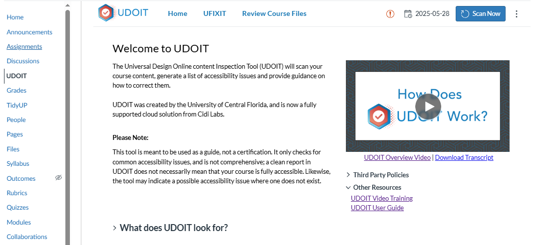 Canvas Course with the UDOIT link highlighted. 