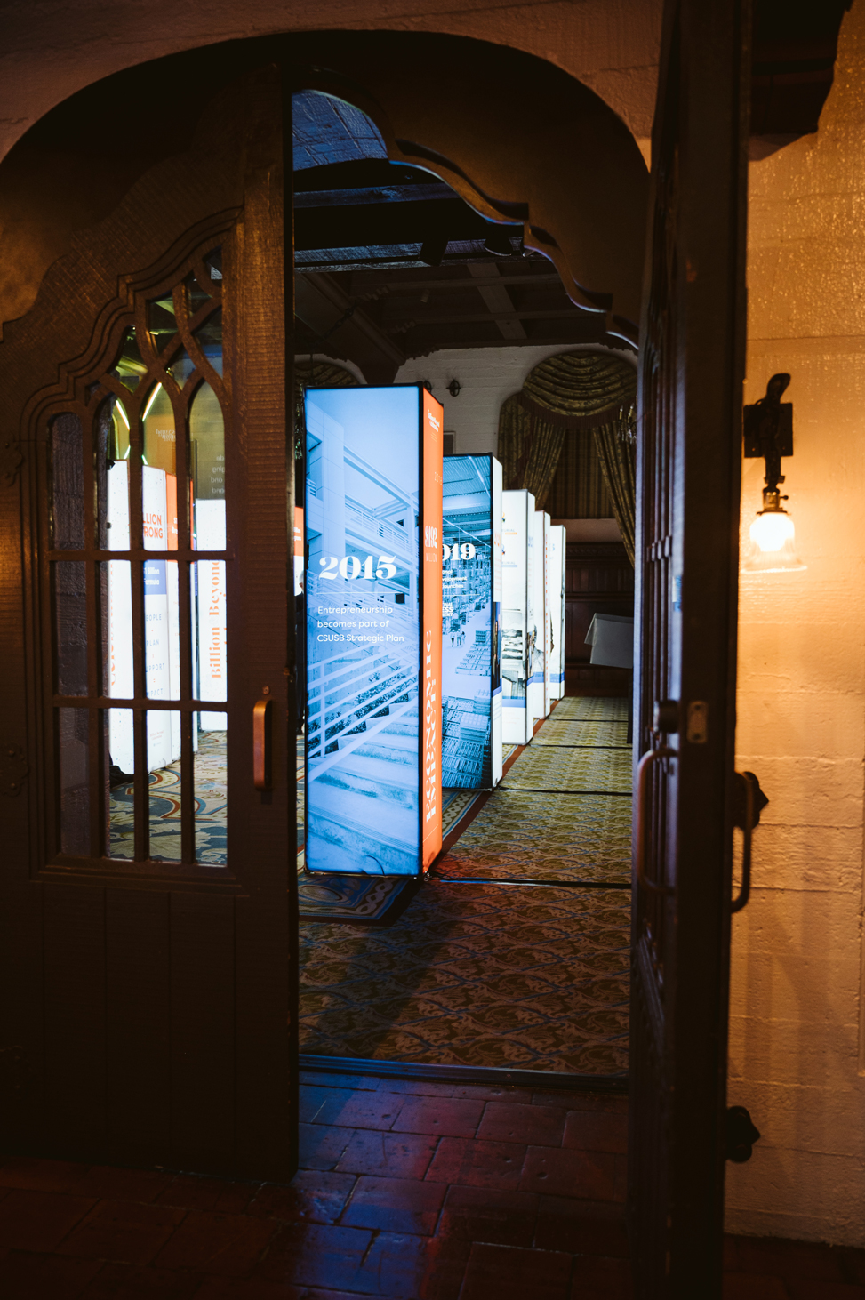 Illuminated columns traced the center’s journey from its earliest days to the present.