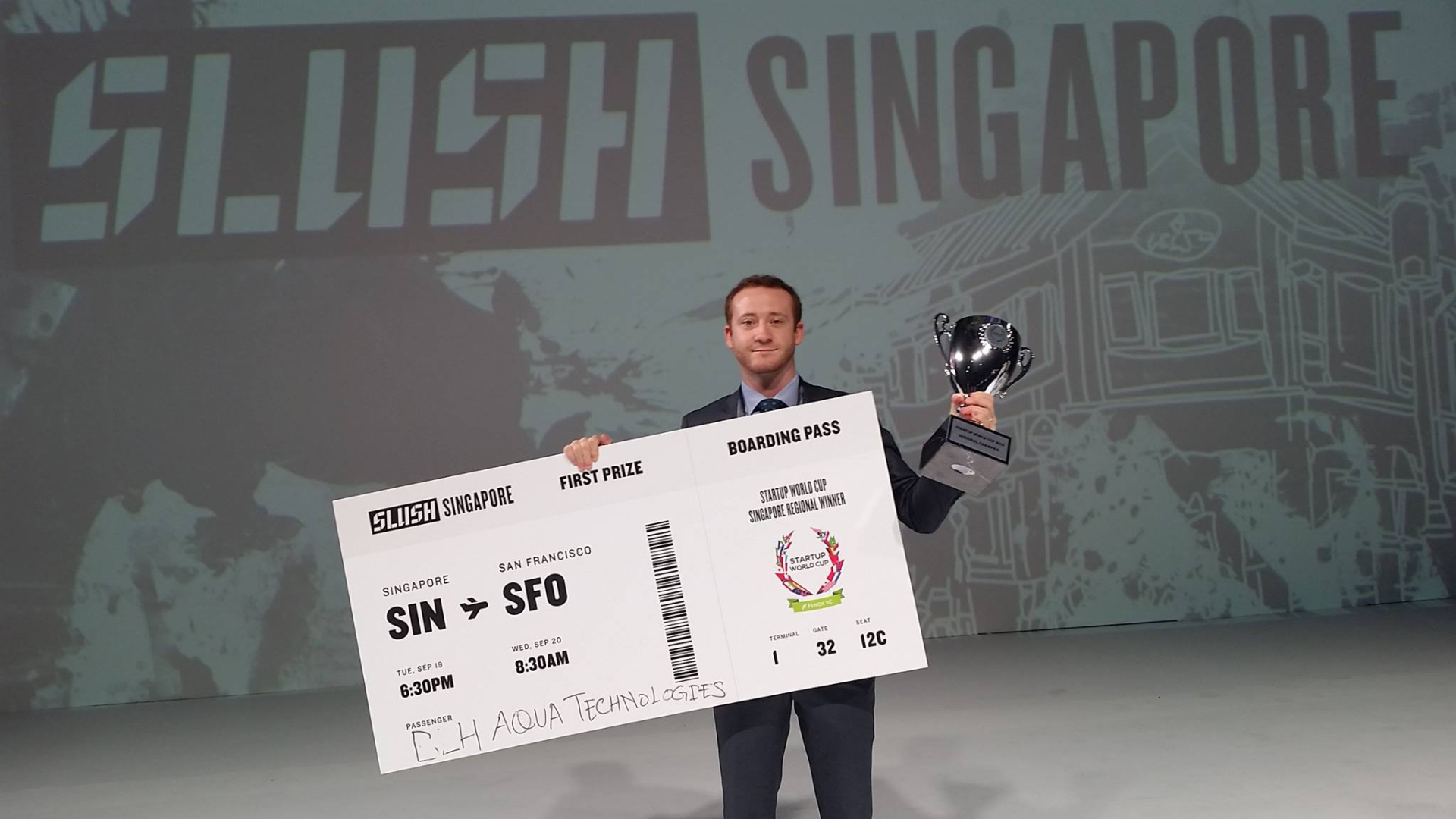 Grey and his team were awarded first prize for their pitch for BLH Aqua Tech, a water efficiency agtech startup, at the 2017 Singapore Slush pitch competition. 