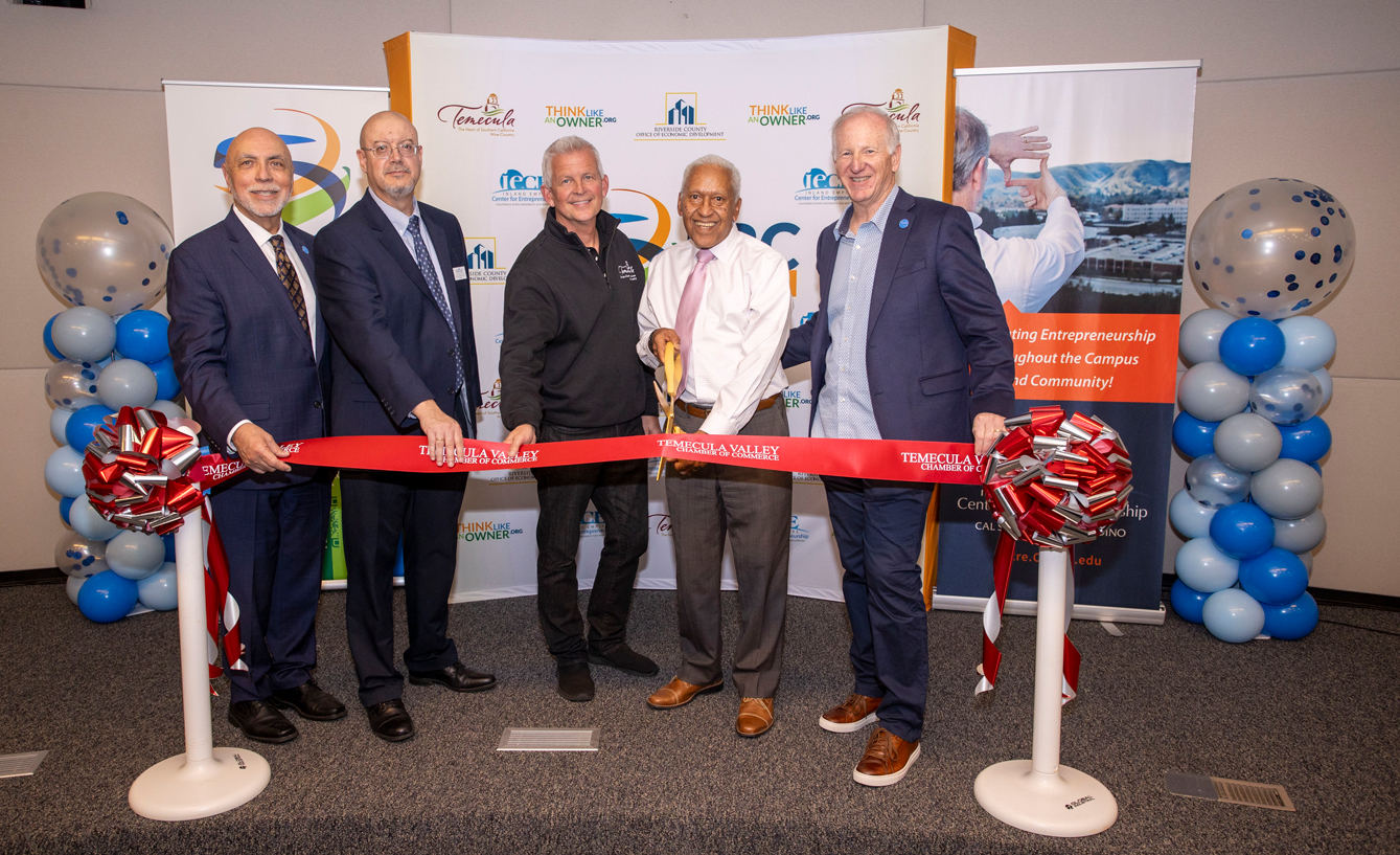 The ribbon cutting ceremony at the Palm Desert Entrepreneurial Resource Center on March 5, 2025 included from left: Robert Nava, former Vice President of CSUSB’s University Advancement; Tomás Gomez-Arias. dean of CSUSB’s Jack H. Brown College of Business and Public Administration; James Stewart, Mayor of the City of Temecula; Third District Riverside County Supervisor Chuck Washington; Mike Stull, director of CSUSB’s Randall W. Lewis Center for Entrepreneurship.