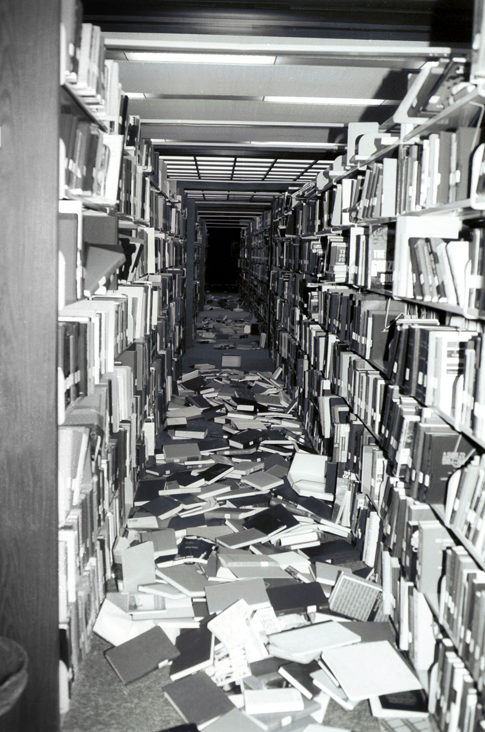 Thousands of volumes fell off the shelves on the John M. Pfau Library’s top floor during the Northridge Earthquake in 1994.