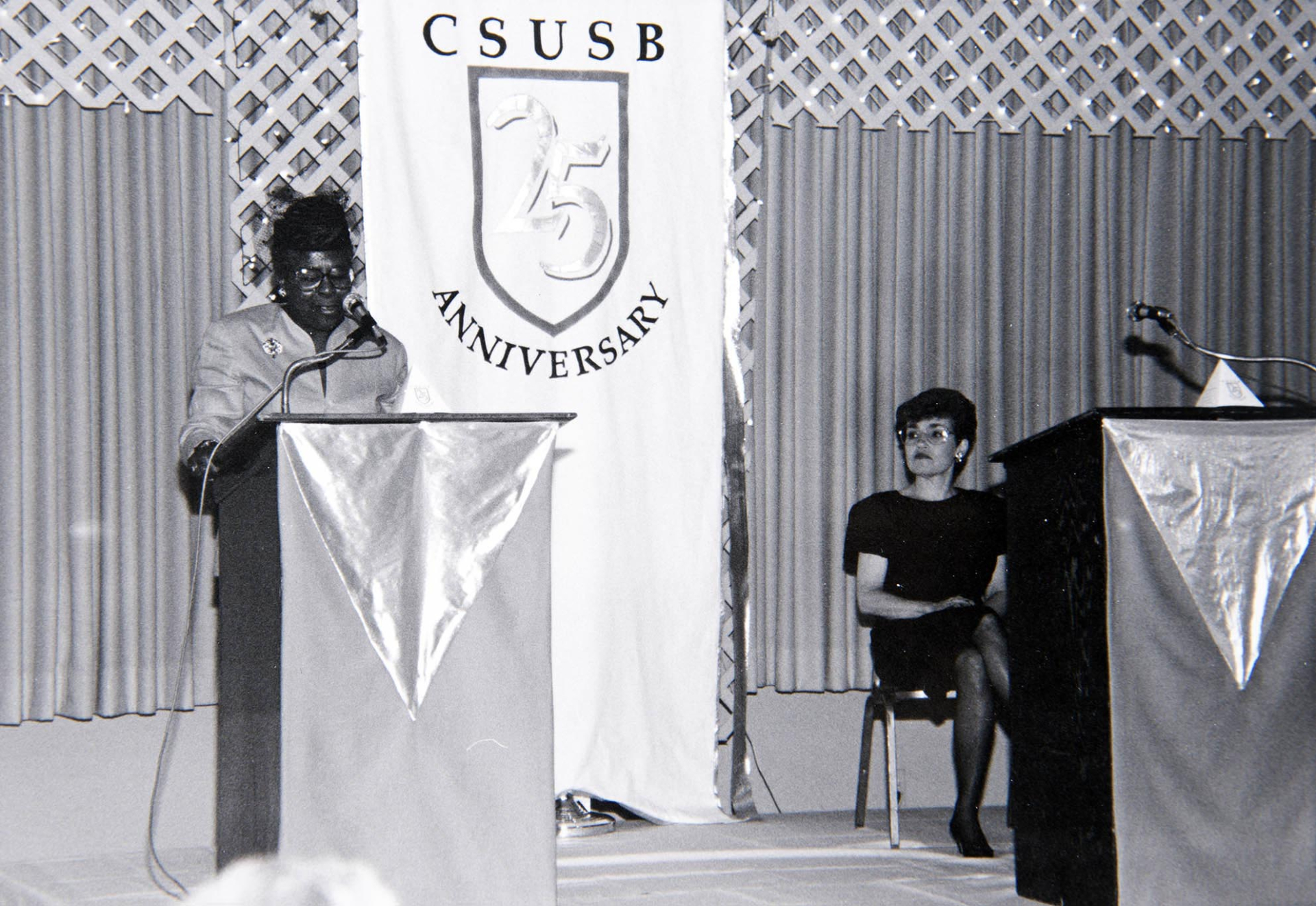 Woman speaking at the CSUSB 25th anniversary celebration.