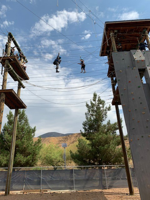 People on the rope line of the CSUSB Challenge Course