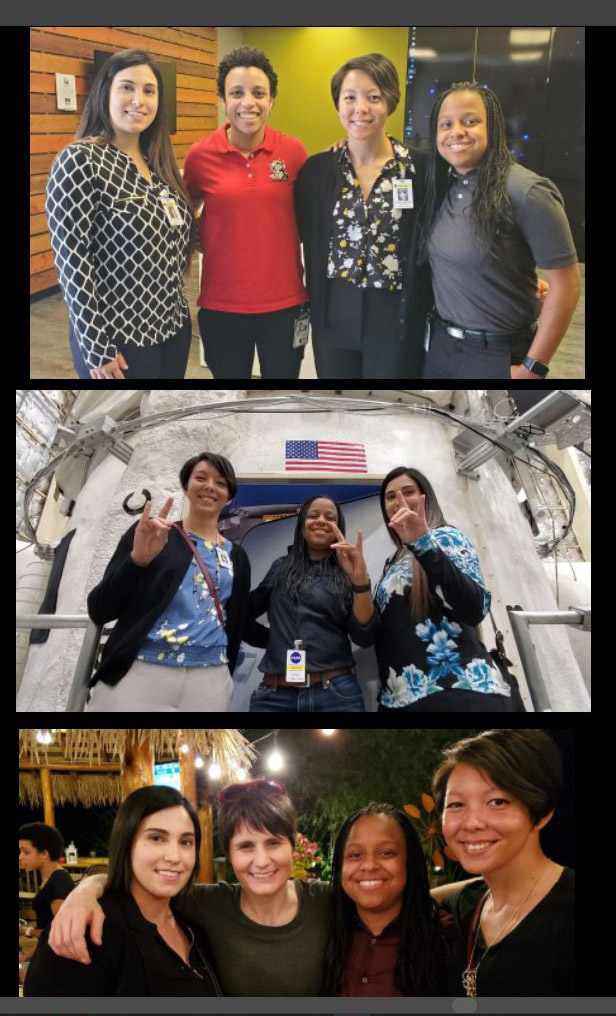 Top photo, from left, Raechel Marino, NASA astronaut Jessica Watkins, CSUSB alumna Alana Muller and Constance Greenwood; middle photo, Muller, Greenwood and Marino; bottom photo, Marino, ESA astronaut Samantha Cristoforetti, Greenwood and Muller. Photo courtesy of Richard Addante